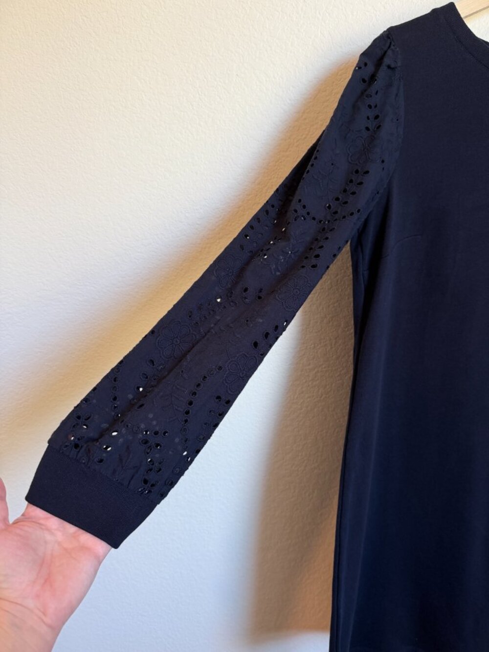 Talbots Black Cotton French Terry Dress Eyelet Sleeve Large L Knit Midi - Picture 3 of 7